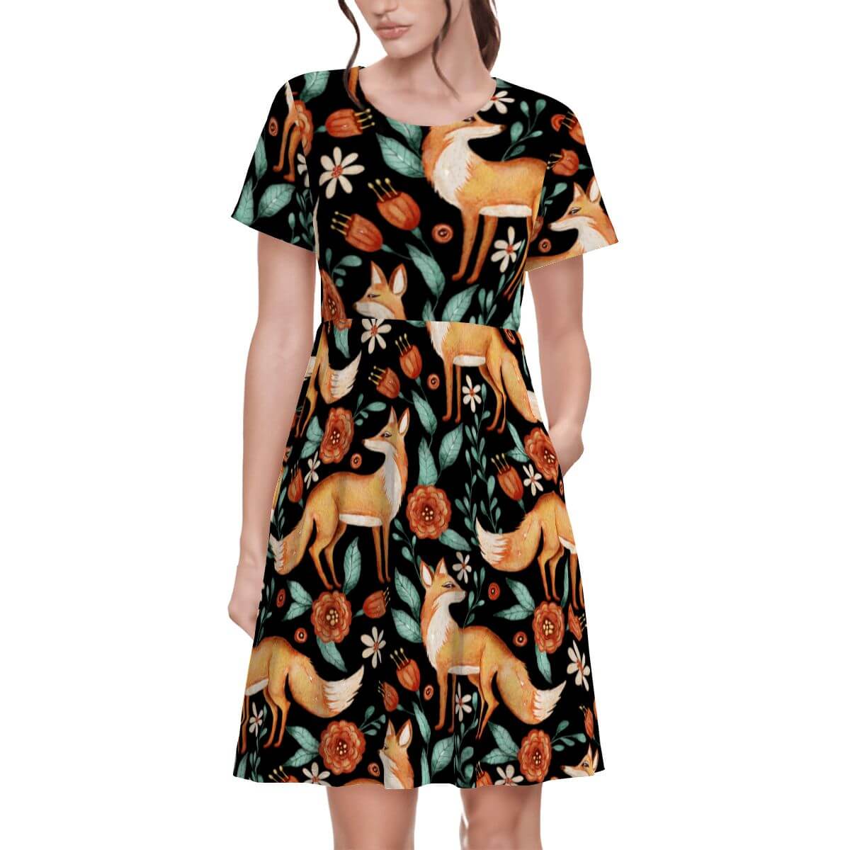 Black women’s t-shirt dress with floral and red fox pattern, perfect for a witchy vibe and forest-inspired style.