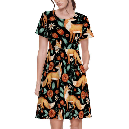Black women’s t-shirt dress with floral and red fox pattern, perfect for a witchy vibe and forest-inspired style.