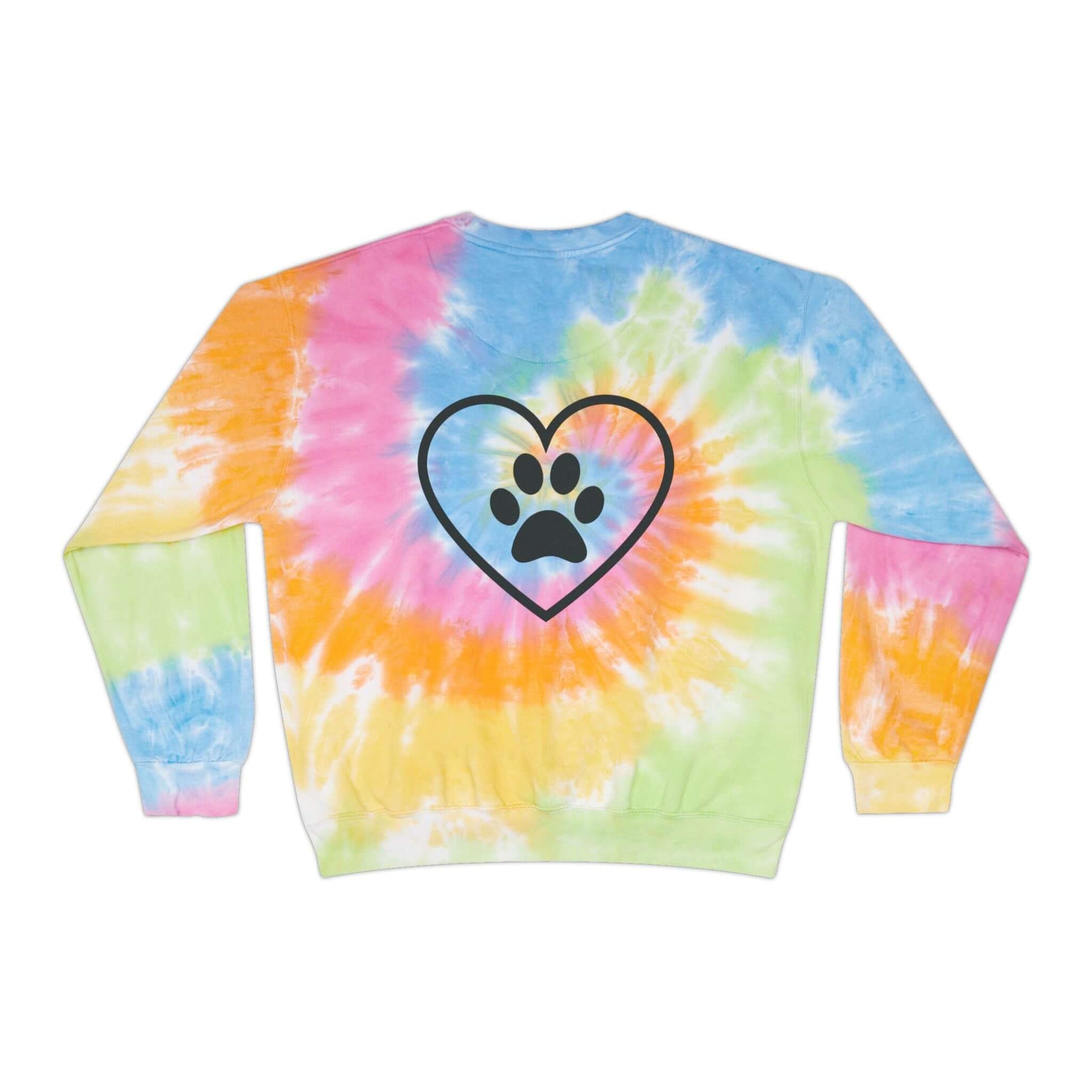 rainbow (Eternity) tie dyed sweatshirt showing the back design featuring an outlined heart with a paw print in the center of it.