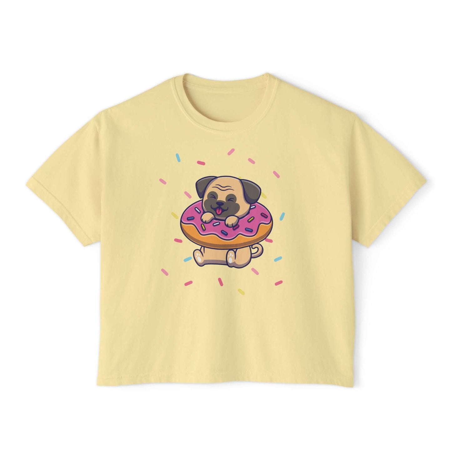 Cute yellow boxy tee with pug on a donut decorated with sprinkles, perfect for dog lovers and summer fun.