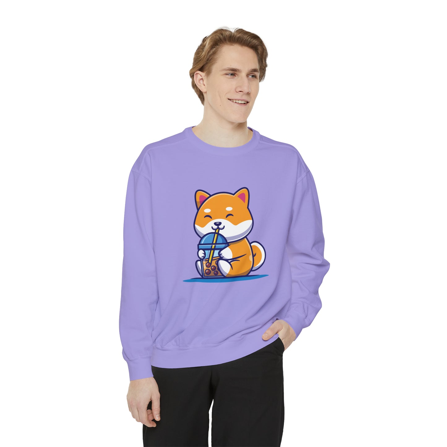 Cute Shiba Inu Drinking Boba Unisex Garment-Dyed Sweatshirt (S-XL)