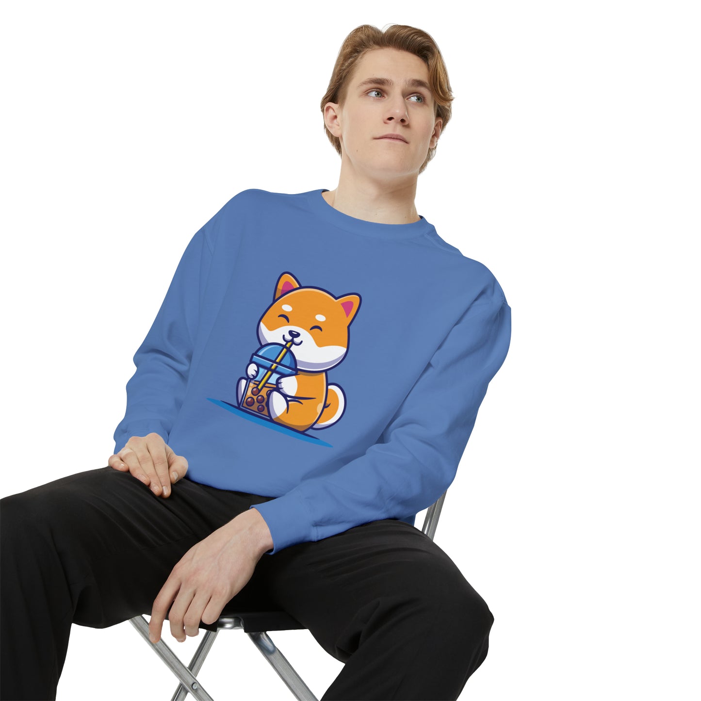 Cute Shiba Inu Drinking Boba Unisex Garment-Dyed Sweatshirt (2XL/3XL)