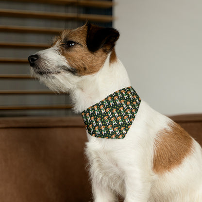 Small tri-color terrier/jack russel type dog. Pattern is AI Generated and a dark green background with beagle type dogs and clovers on it.