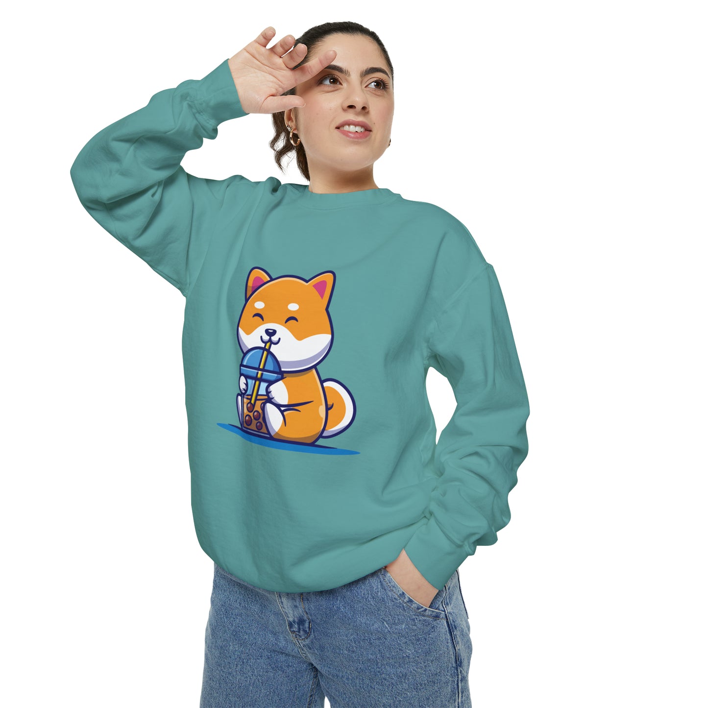 Cute Shiba Inu Drinking Boba Unisex Garment-Dyed Sweatshirt (S-XL)