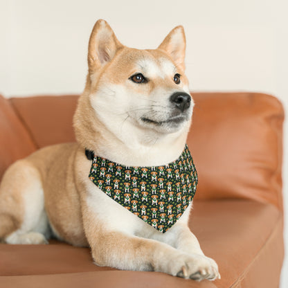 Shiba Inu with St. Patrick's Day Bandana. Pattern is AI Generated and a dark green background with beagle type dogs and clovers on it.