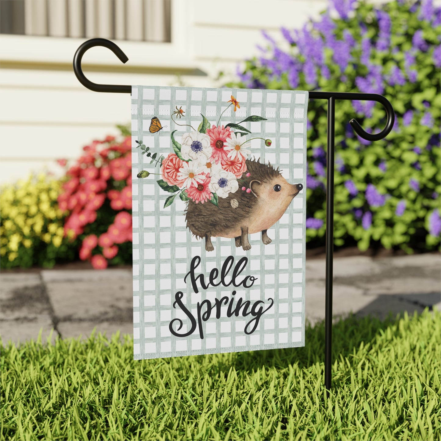 Hello Spring Hedgehog with Flowers Garden Flag