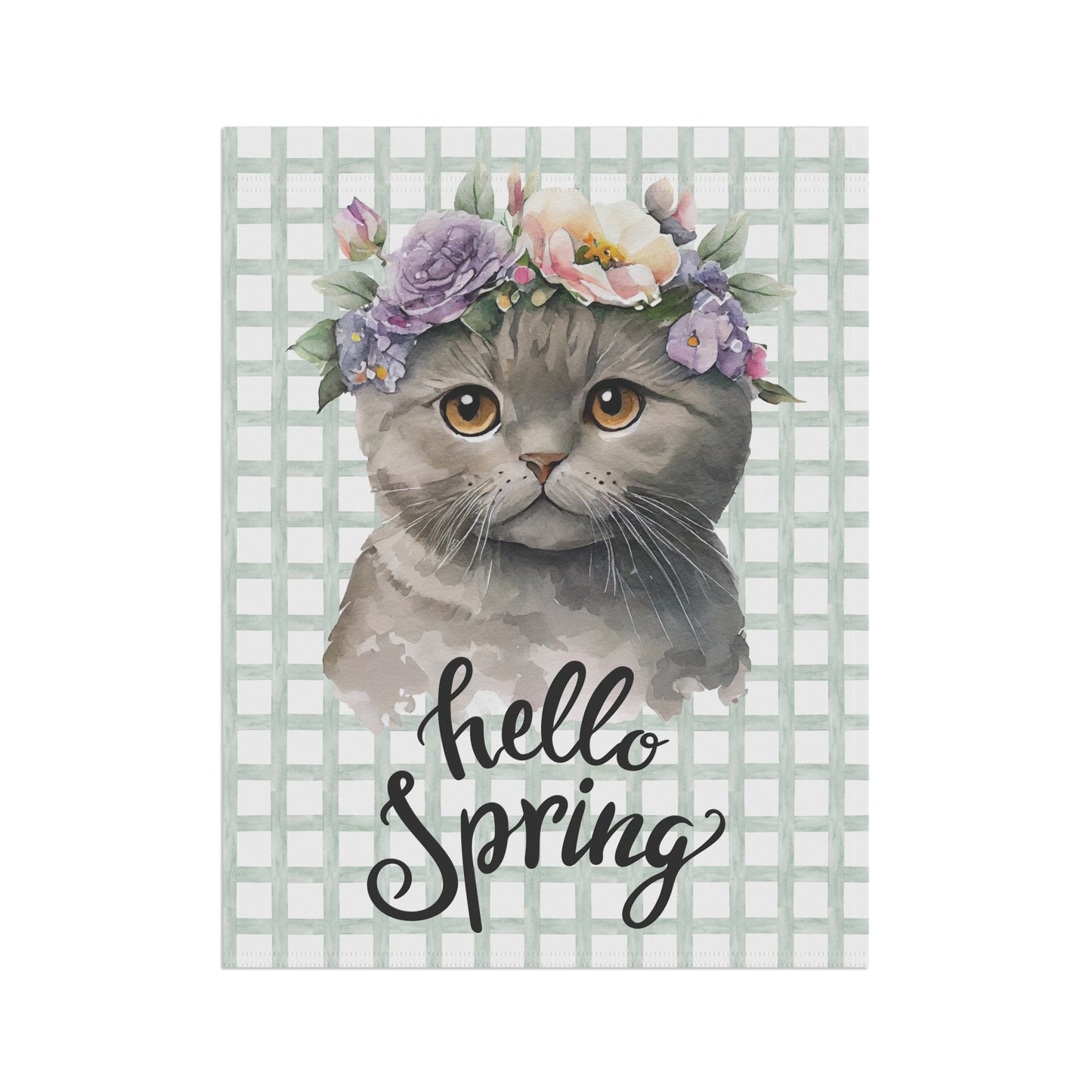 Hello Spring Cat with Flowers Garden Flag