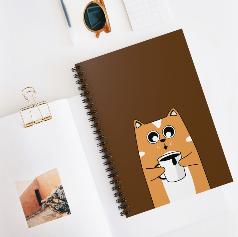 Cat With Coffee Ruled Line Spiral Notebook, Cat Notebook, Orange Cat Notebook, Cute Cat Notebook