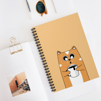 Cat With Coffee Ruled Line Spiral Notebook, Cat Notebook, Orange Cat Notebook, Cute Cat Notebook