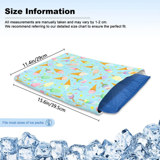 Size chart for mint ice cream pattern pet cooling mat, measuring 11.4" x 15.6", fits most ice packs.