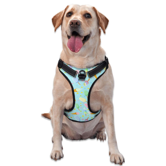 Happy dog wearing a mint ice cream pattern harness, adjustable and breathable, perfect for summer walks.