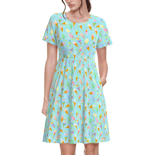 Mint ice cream t-shirt dress, relaxed fit, playful ice cream pattern, perfect for summer outings.