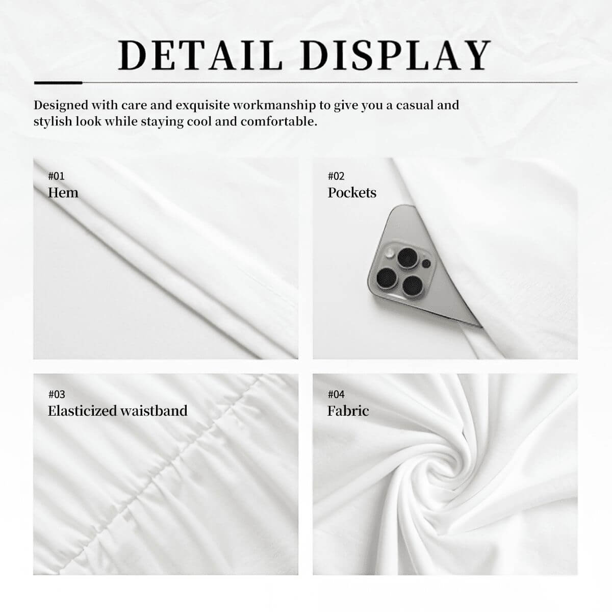 Detail display of a women's t-shirt dress showcasing hem, pockets, elasticized waistband, and soft fabric.