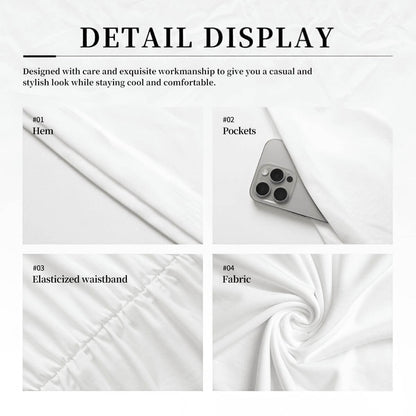 Detail display of a women's t-shirt dress showcasing hem, pockets, elasticized waistband, and soft fabric.