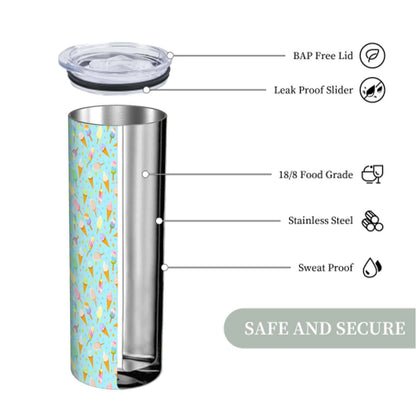 Mint ice cream straw water bottle features: BPA-free lid, leak-proof slider, stainless steel, sweat-proof design.