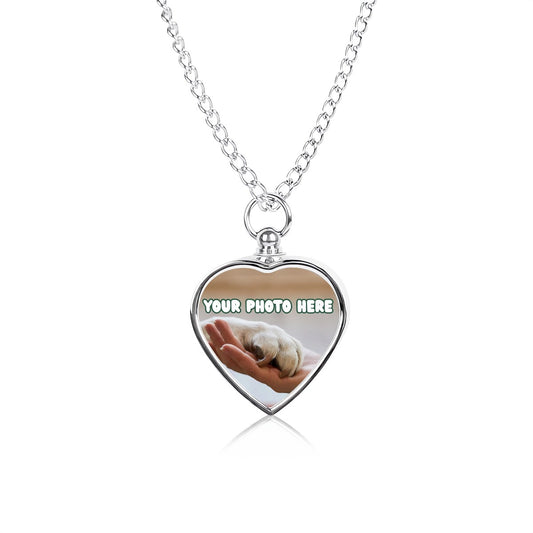 Custom photo pet ashes necklace featuring a heart-shaped pendant with a hidden compartment for memorial keepsakes.