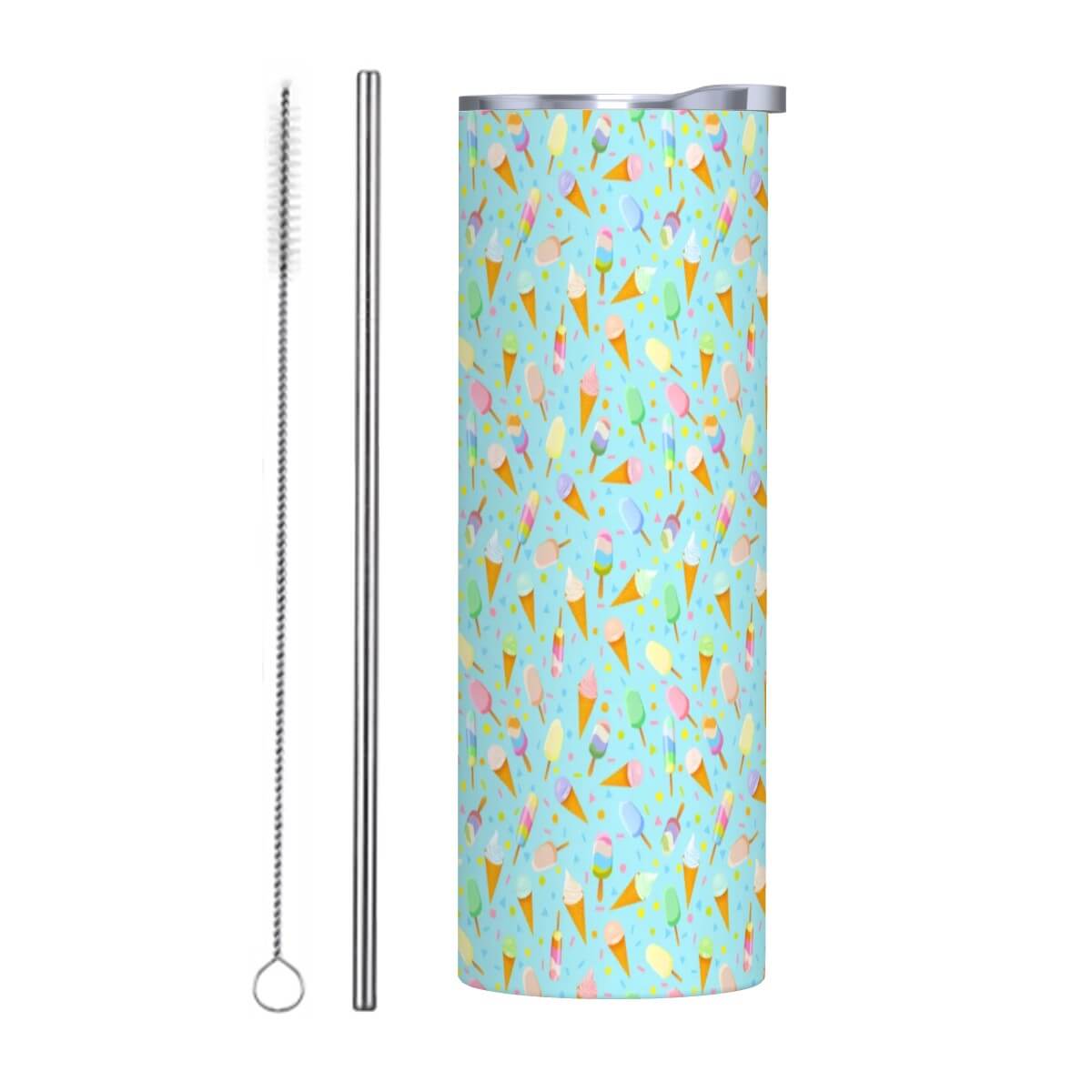 Mint ice cream straw water bottle with stainless steel straw and cleaner, vibrant ice cream pattern on a mint background.