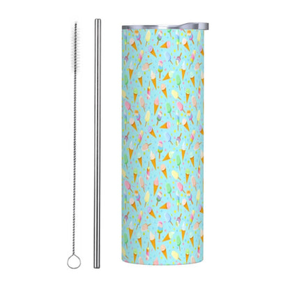Mint ice cream straw water bottle with stainless steel straw and cleaner, vibrant ice cream pattern on a mint background.