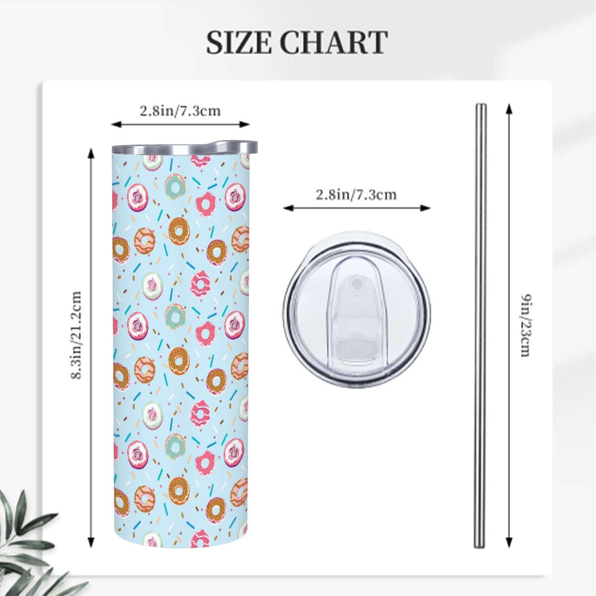 Size chart for powder blue donut sprinkle 20oz stainless steel tumbler with straw and lid.