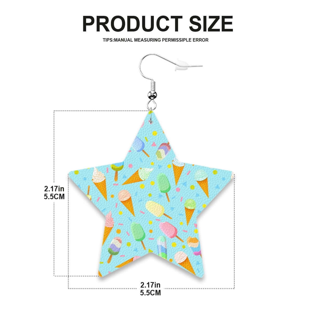 Mint leather star earring featuring ice cream pattern, measuring 2.17in, perfect for trendy pet parents.