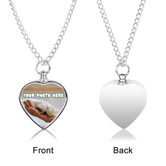 Custom photo pet ashes necklace featuring heart-shaped pendant with space for a cherished picture and plain back.